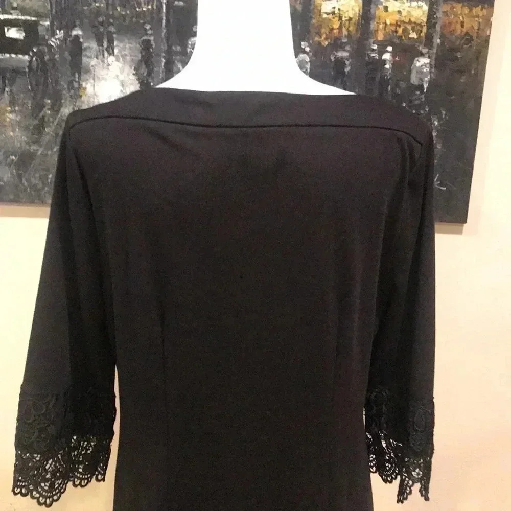 Beige by ECI Black Intricate Scalloped Lace Boat Neck 3/4 Sleeved Dress-Size 10 - Picture 7 of 12